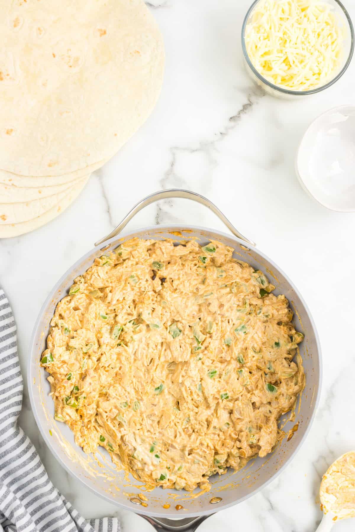 Sheet Pan Chicken Quesadillas Filling in Stovetop Pan