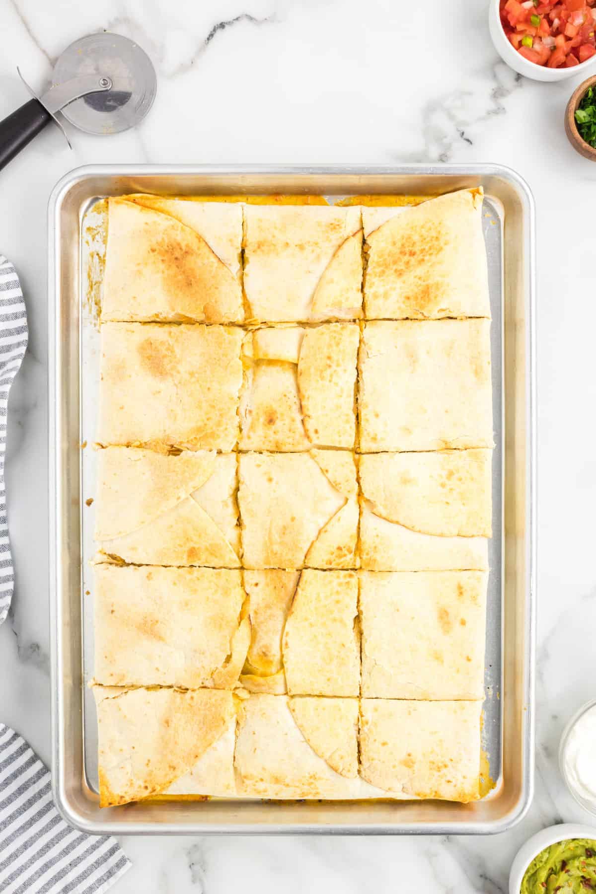 Cutting Sheet Pan Quesadillas into Squares