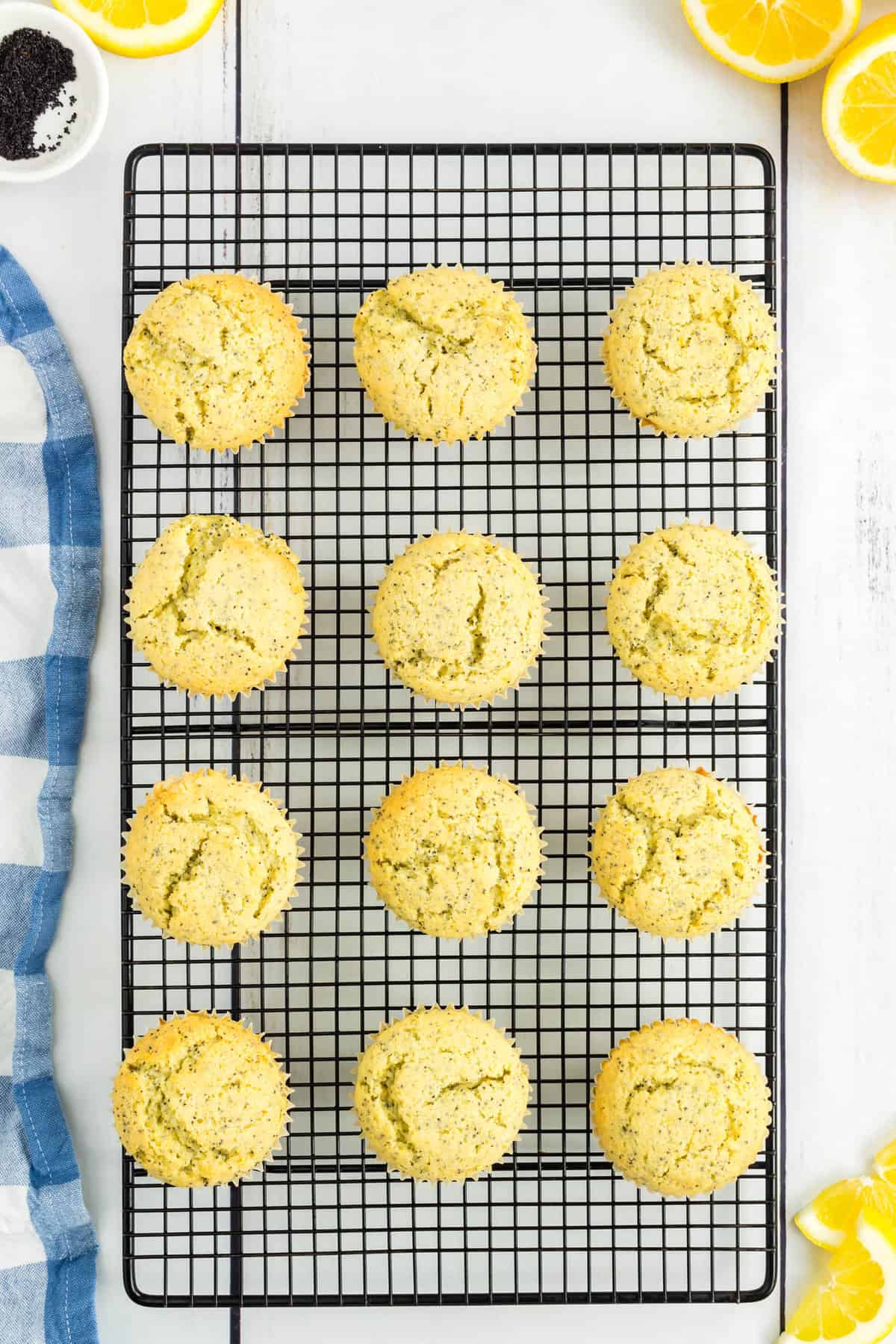 Lemon Poppy Seed Muffins Cooling on Wire Rack