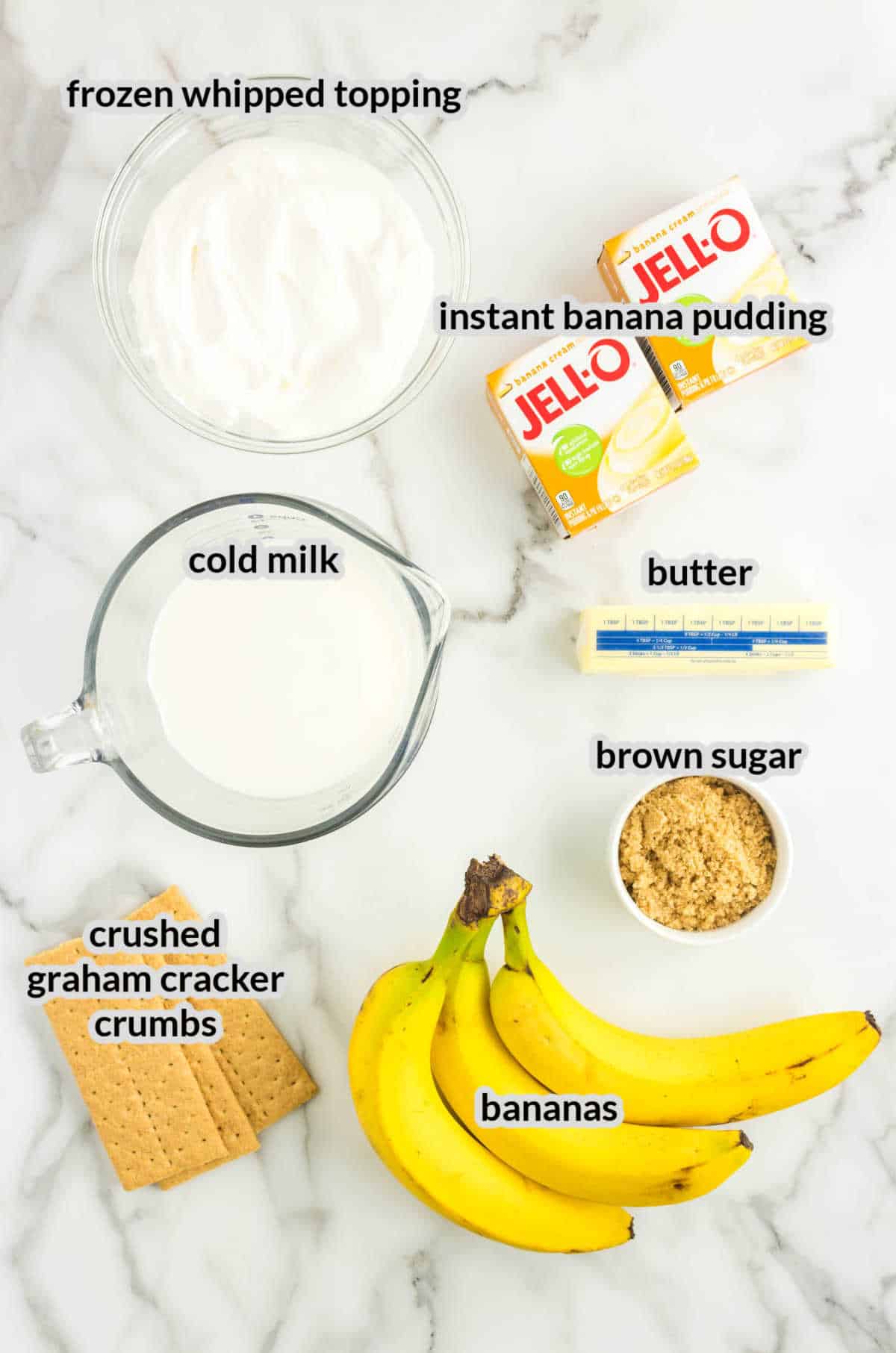 Overhead Image of No Bake Banana Cream Pie Ingredients