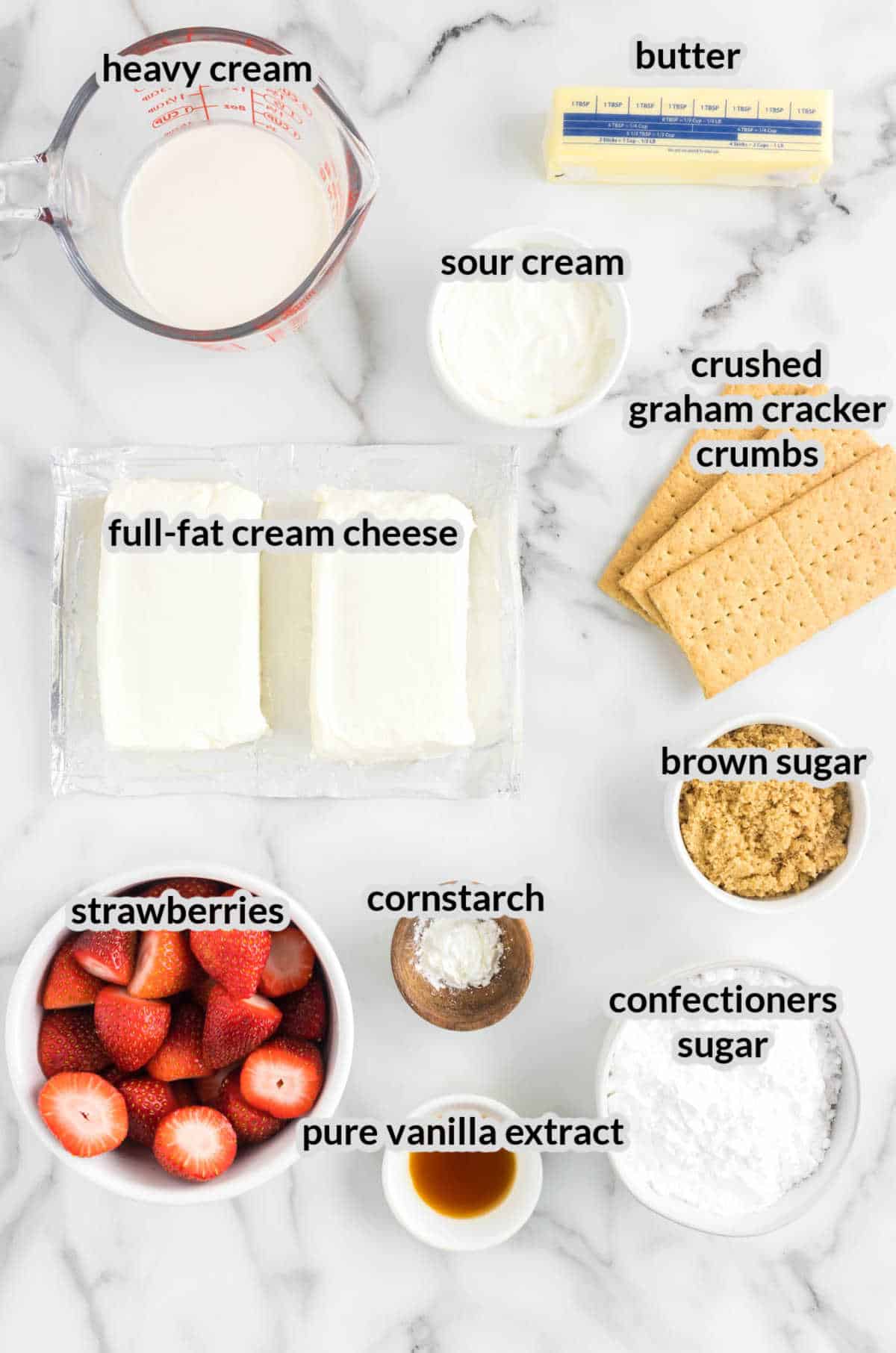 Overhead Image of No Bake Strawberry Cheesecake Ingredients