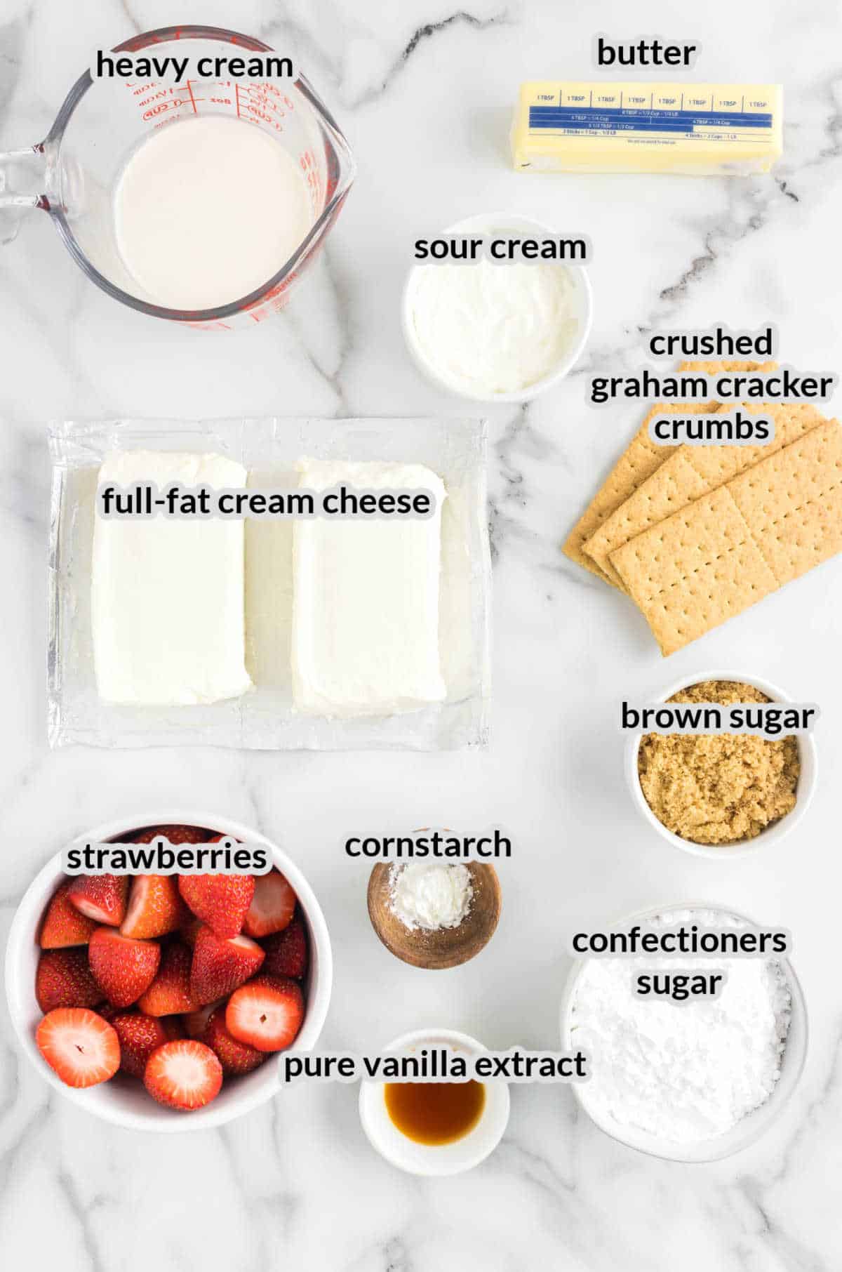 Overhead Image of No Bake Strawberry Cheesecake Ingredients