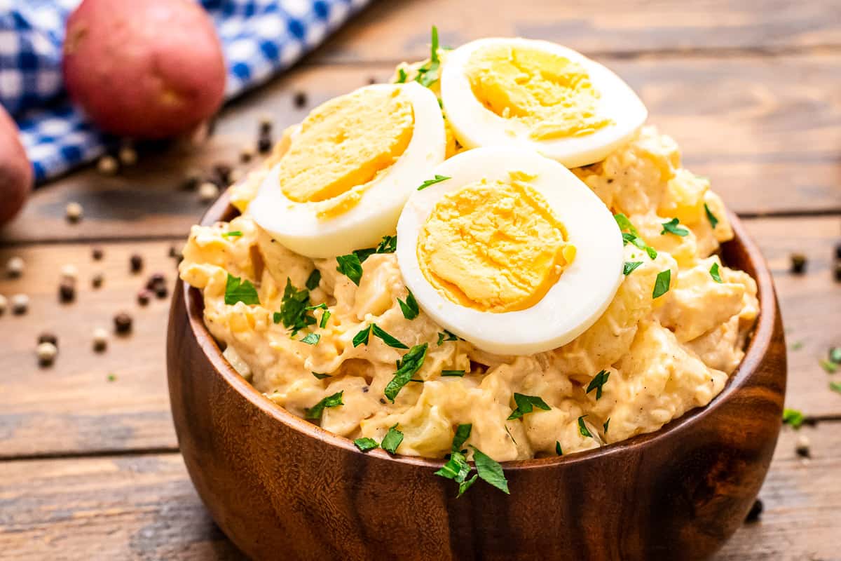 Potato salad in a brown bowl