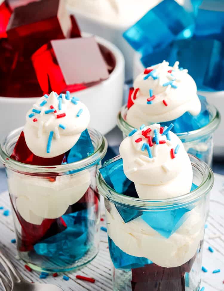 Red, White and Blue Jell-O Jigglers in glass jars