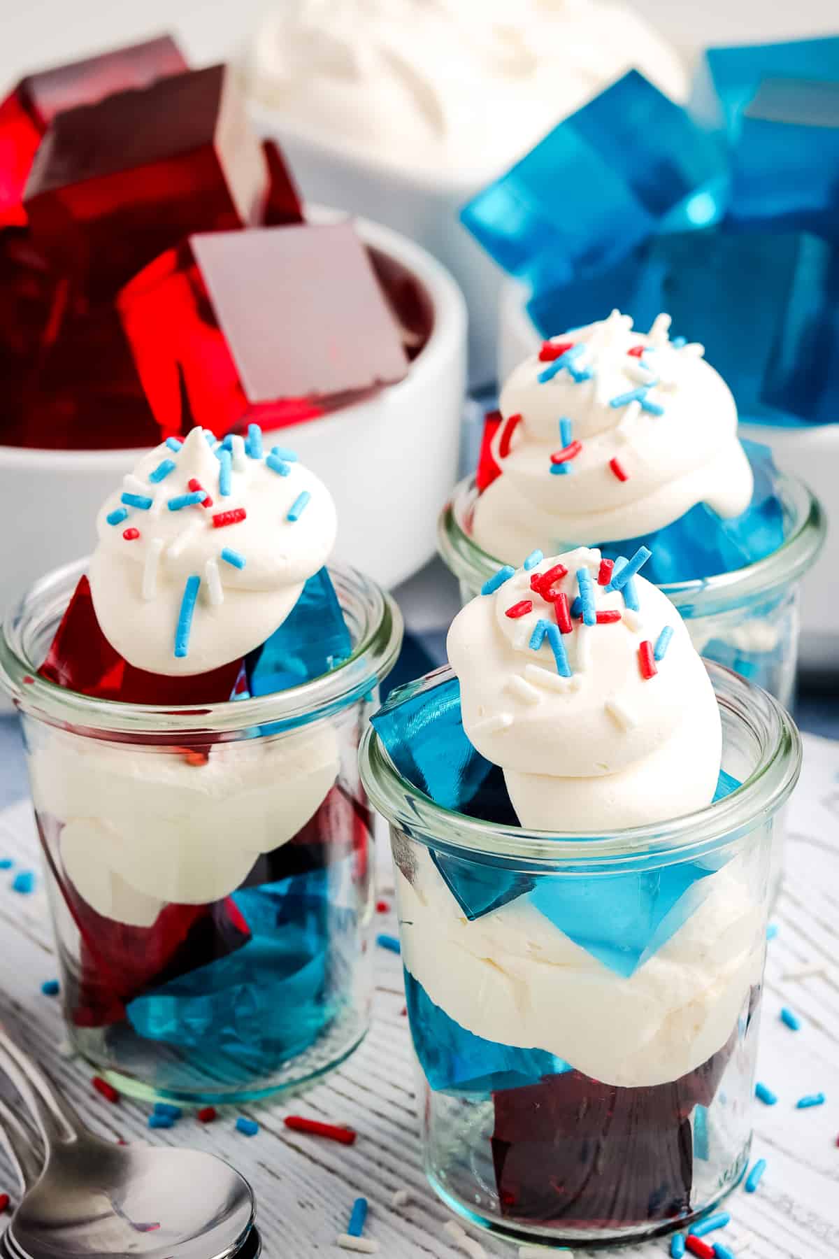 Red, White and Blue Jell-O Jigglers in glass jars