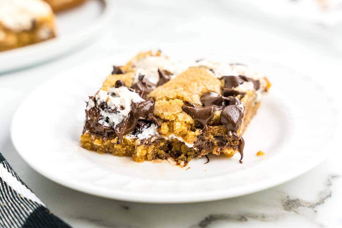 Easy Smores Bars piece on white plate