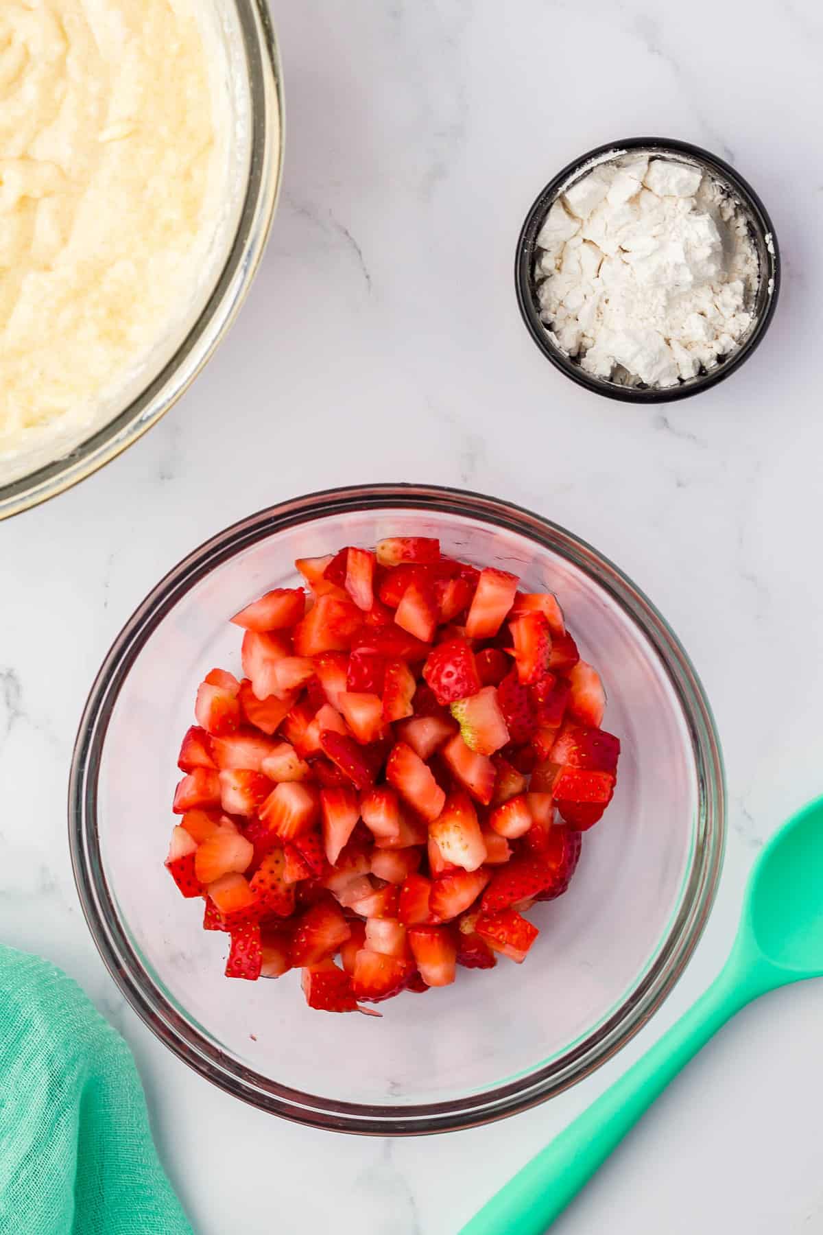 Diced Strawberries in Bowl for Strawberry Muffins Recipe