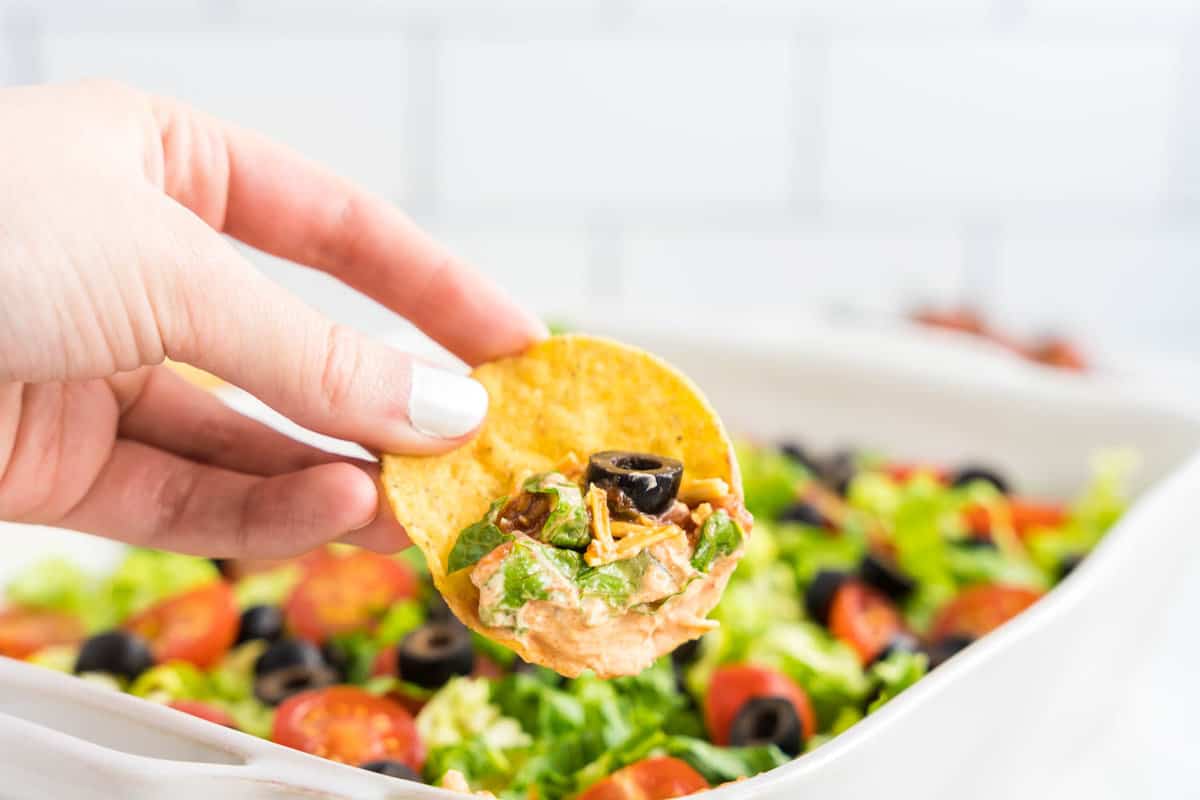 Easy Layered Taco Dip with Tortilla Chip Dipped