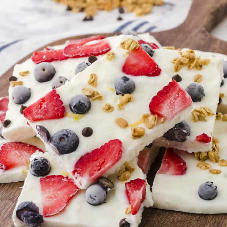 Yogurt Bark Displayed on a wooden platter.