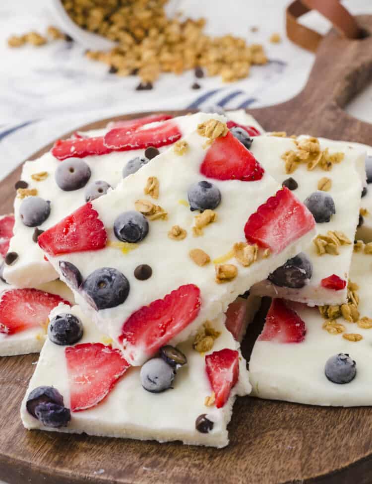 Yogurt Bark Displayed on a wooden platter.