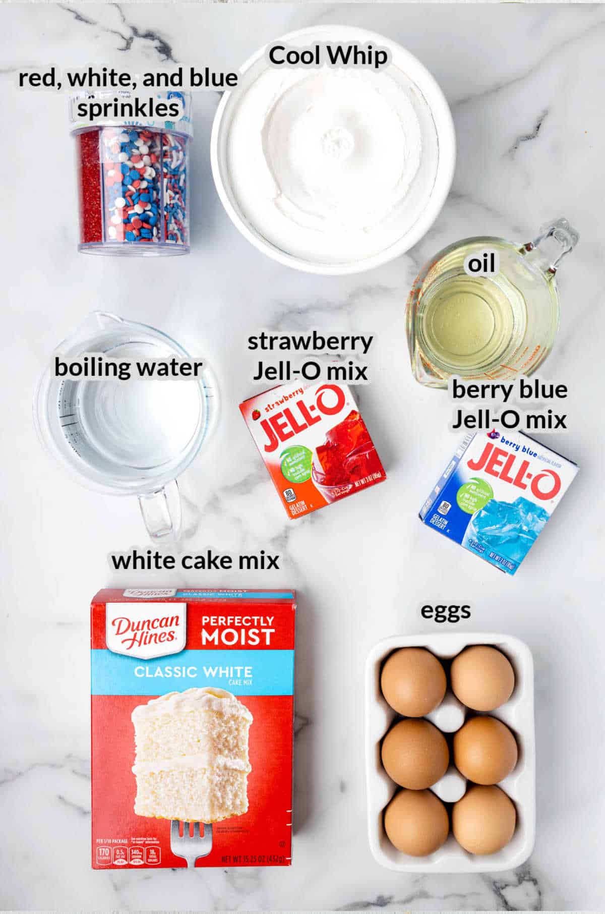 Overhead Image of 4th of July Poke Cake Ingredients
