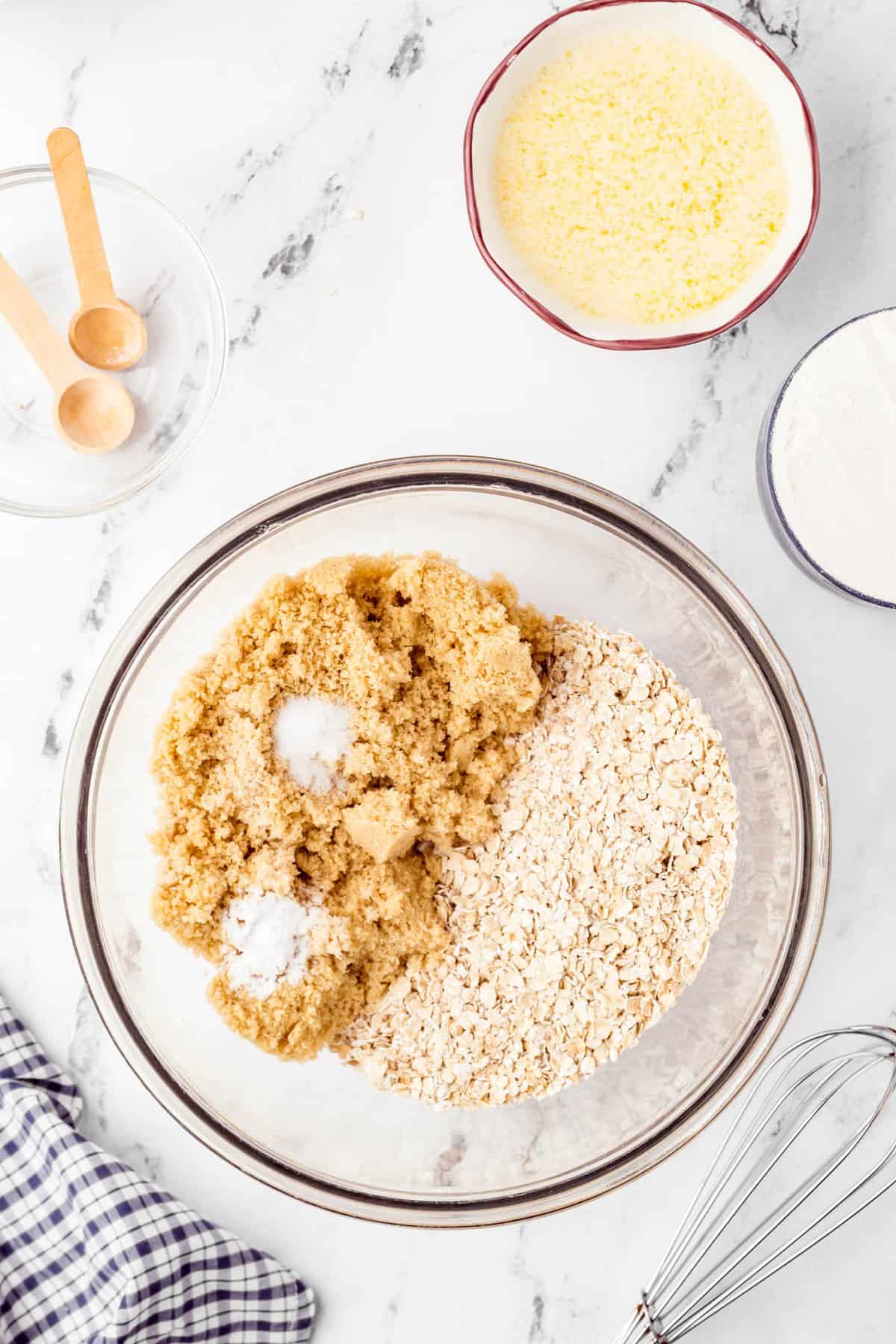 Dry ingredients in mixing bowl for Caramel Oatmeal Bars