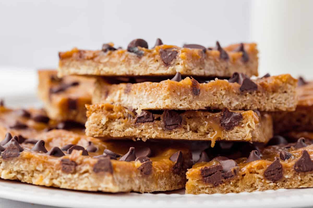 Caramel Oat Bars cut and stacked
