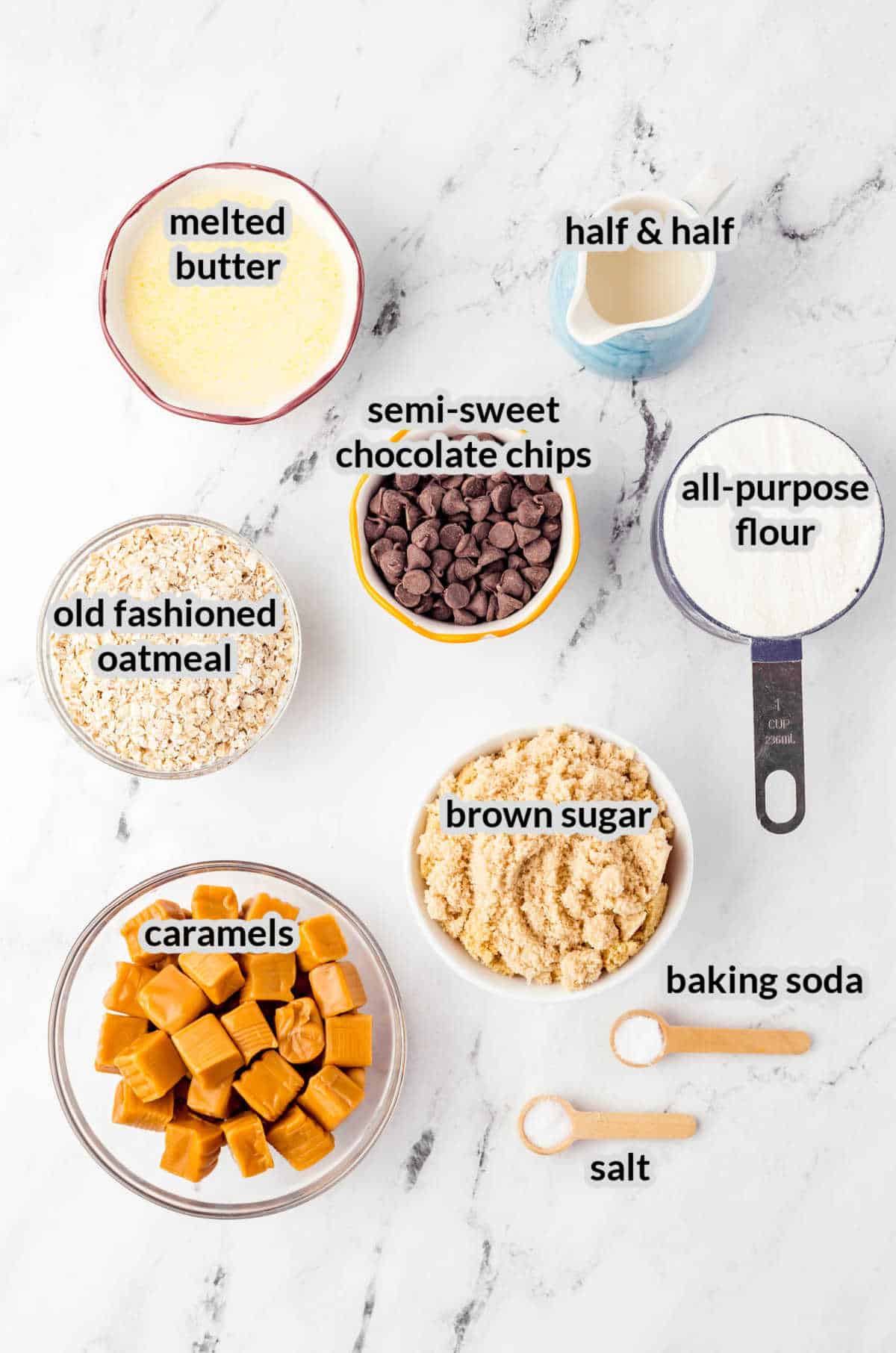 Overhead Image of Caramel Oatmeal Bars Ingredients