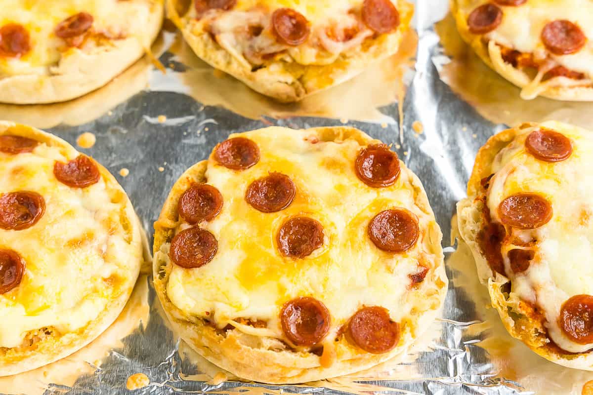 Close up photo of cooked English Muffin Pizzas