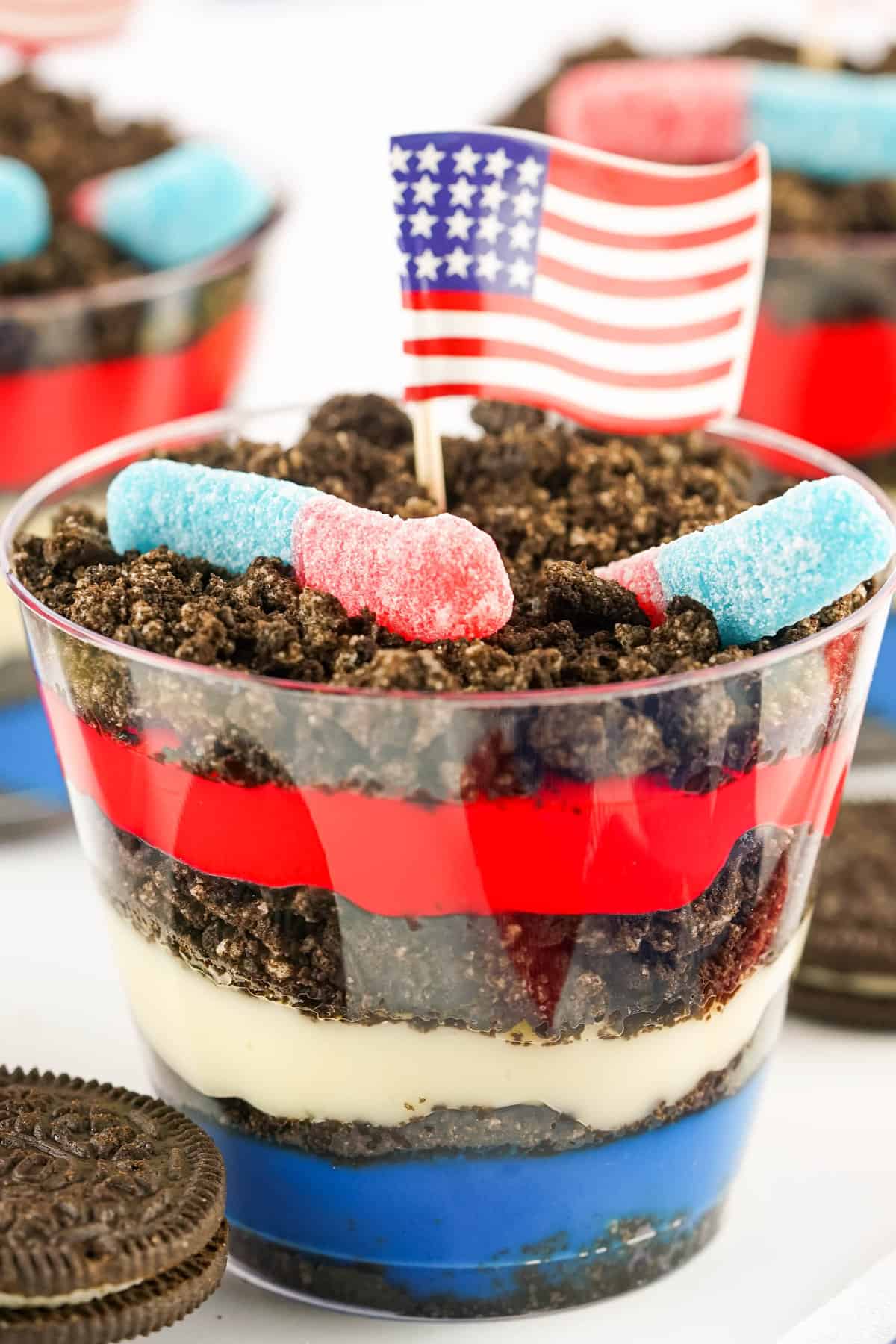 Close Up Photo of Red, White & Blue Dirt Cups.