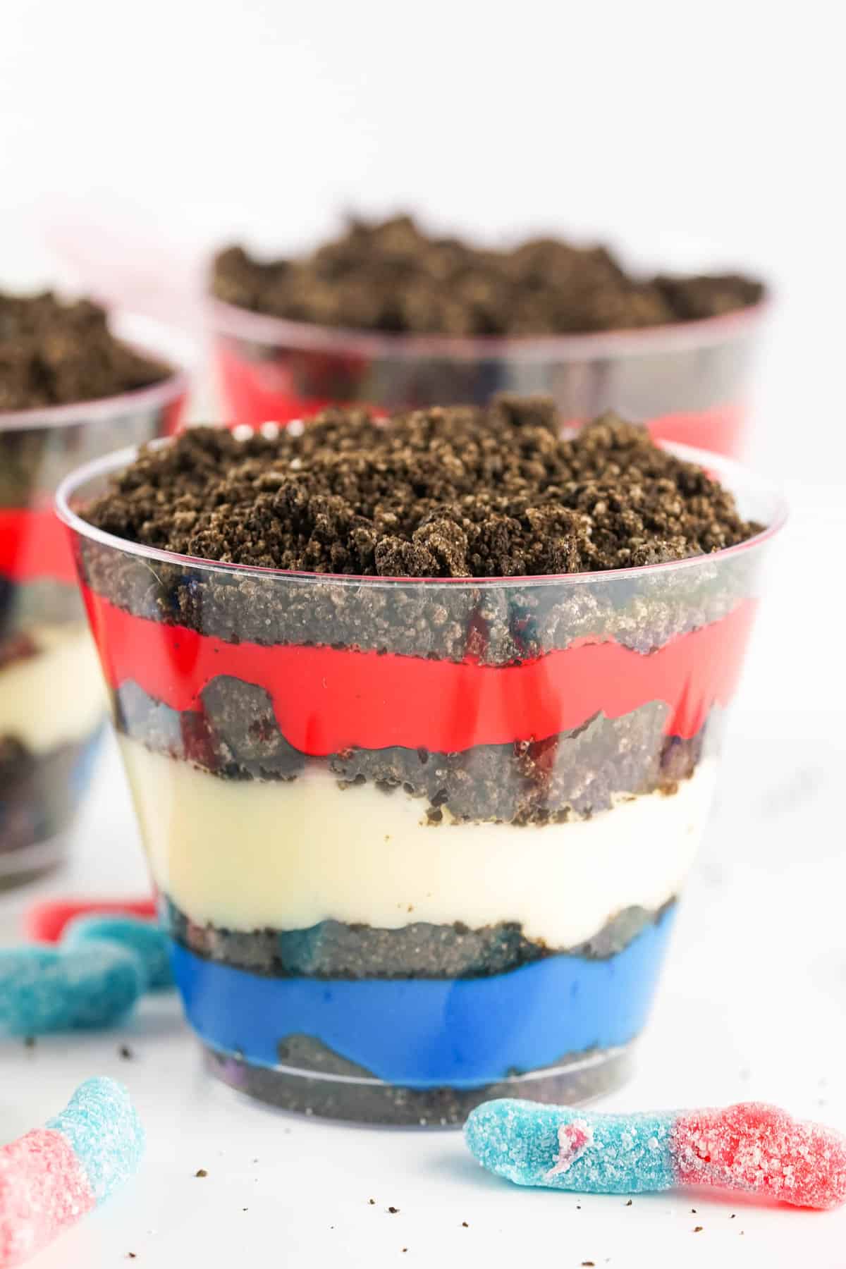 Then Add More Oreos, Red Pudding and More Oreos on top to complete the Dirt Cups.