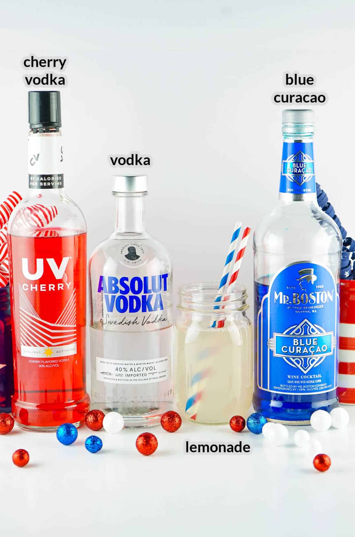 Overhead Image of Red, White and Blue Cocktail Ingredients