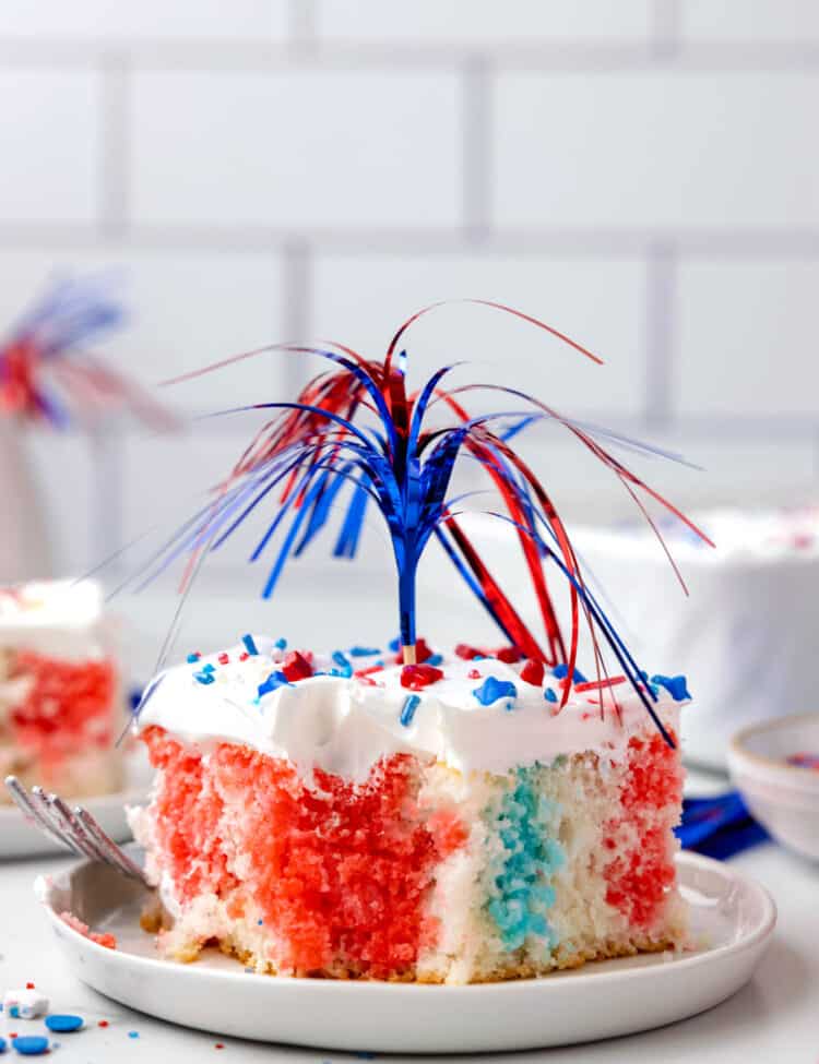 Red White and Blue Poke Cake with Patriotic Streamers