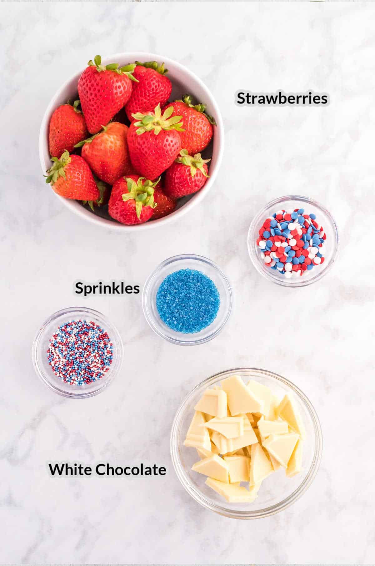 Overhead Image of the Red, White and Blue Strawberries Ingredients