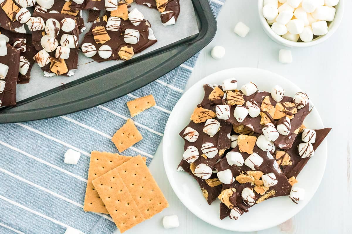 Broken Smore Bark on a plate and some in the pan.