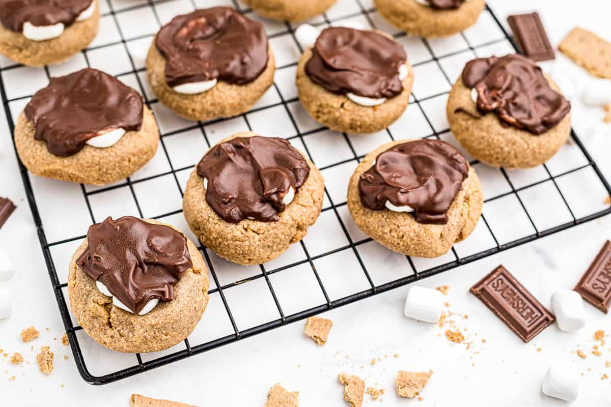 Close up Photo of S'more Cookies on a cooling rack.