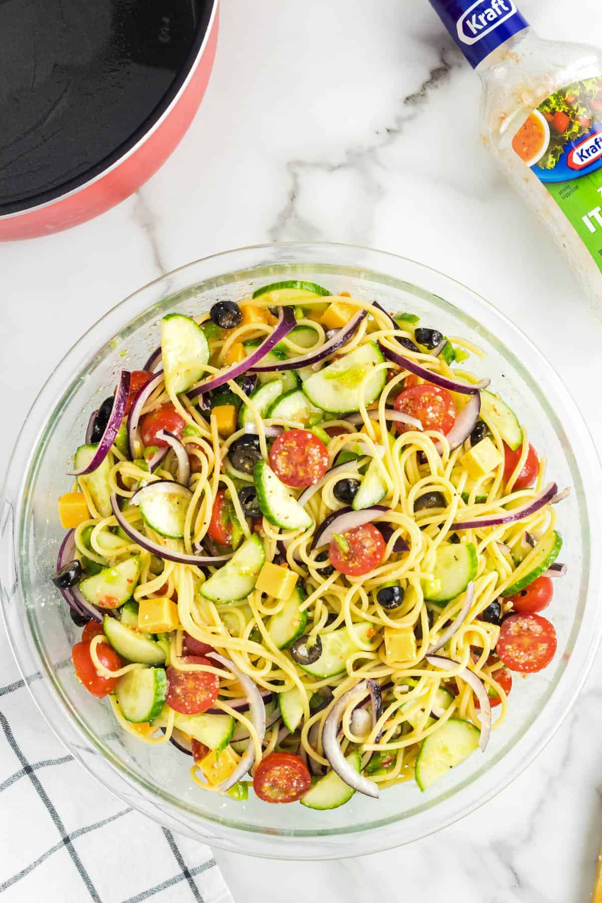 Tossed Spaghetti Salad recipe in bowl ready to enjoy