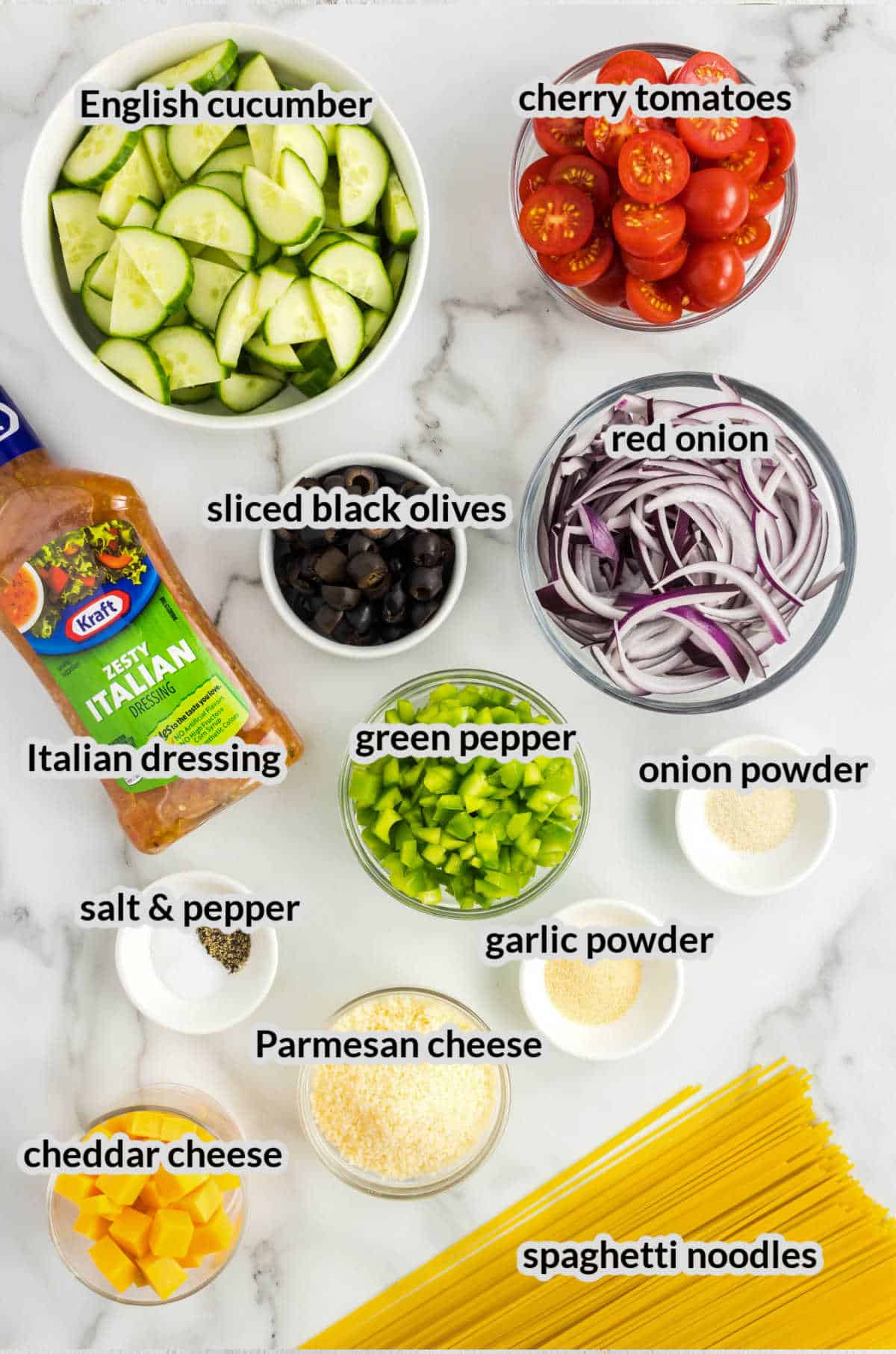 Overhead Image of Spaghetti Salad Ingredients