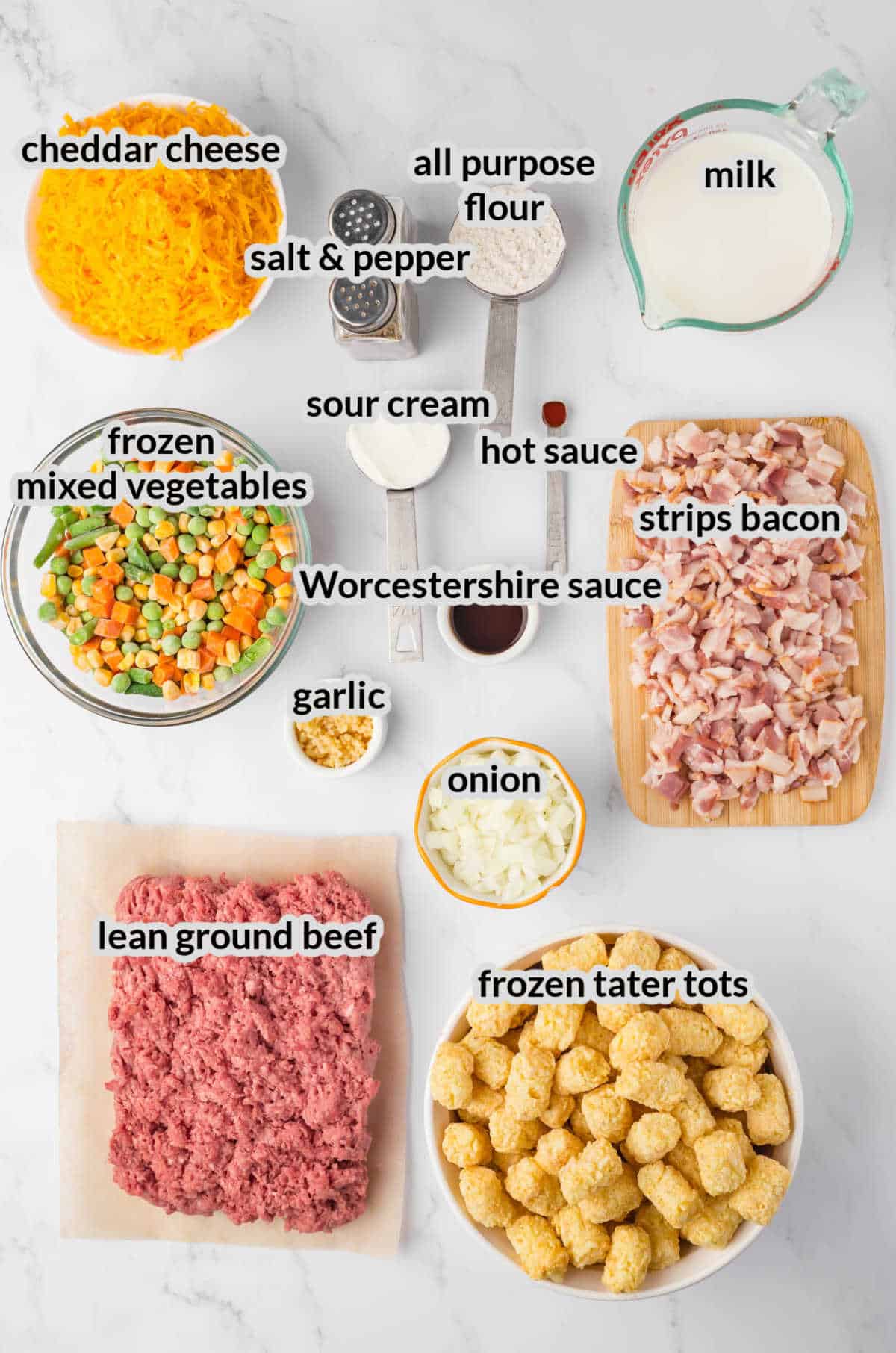Overhead Image of Bacon Cheeseburger Crock Pot Tater Tot Casserole Ingredients