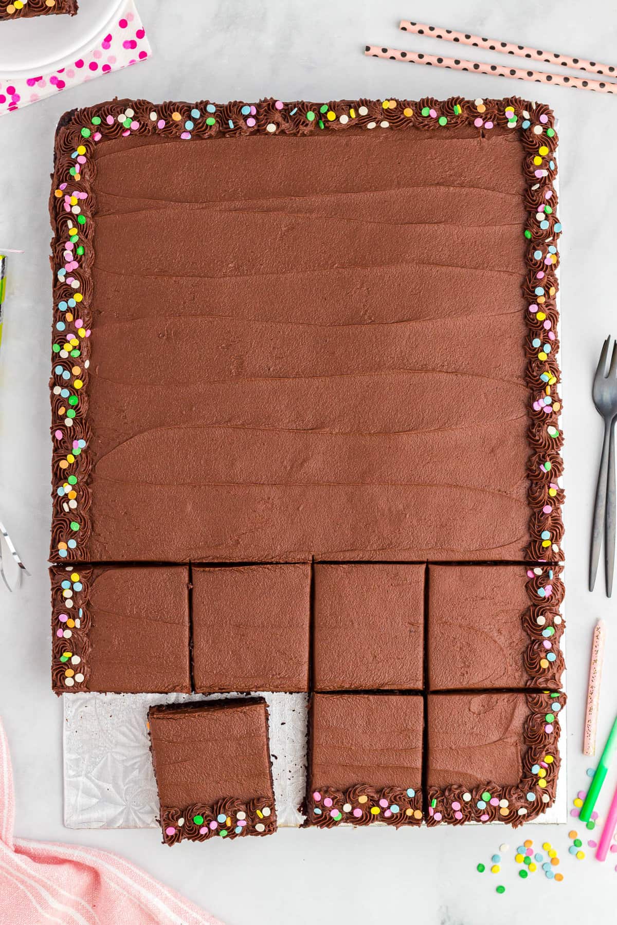 Perfectly Frosted Chocolate Sheet Cake with Sprinkle Accents