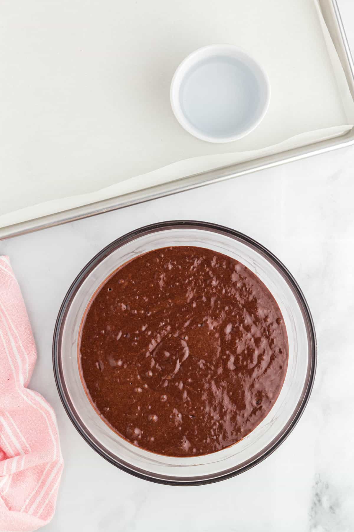 Chocolate Sheet Cake Ingredients Mixed in Bowl