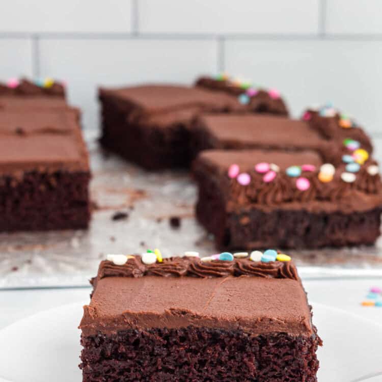 A piece of chocolate sheet cake on white plate