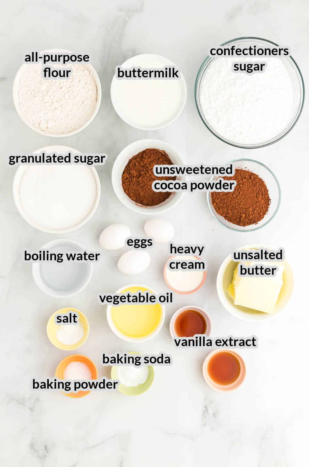 Overhead Image of Chocolate Sheet Cake Ingredients