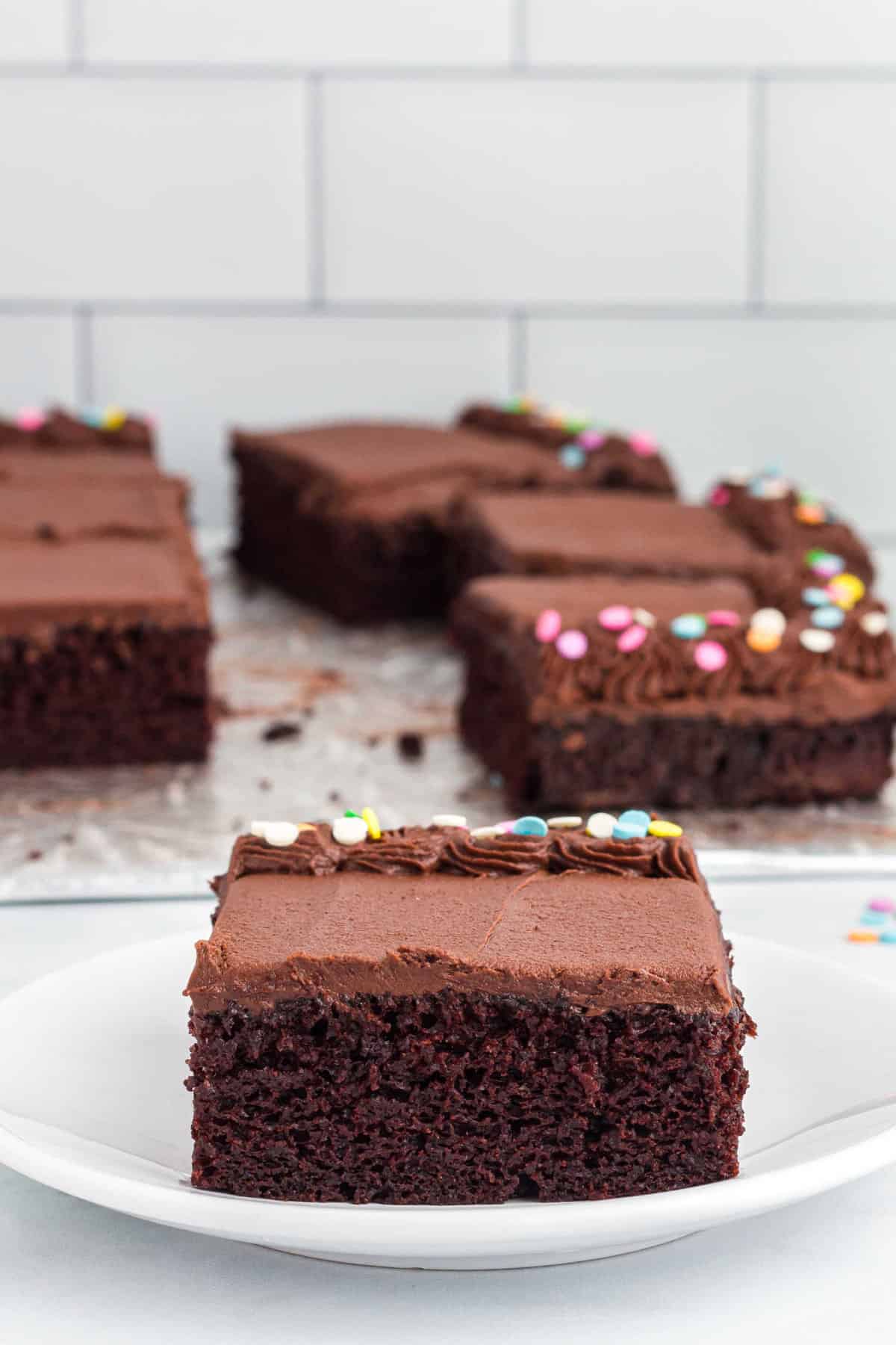 A piece of chocolate sheet cake on white plate