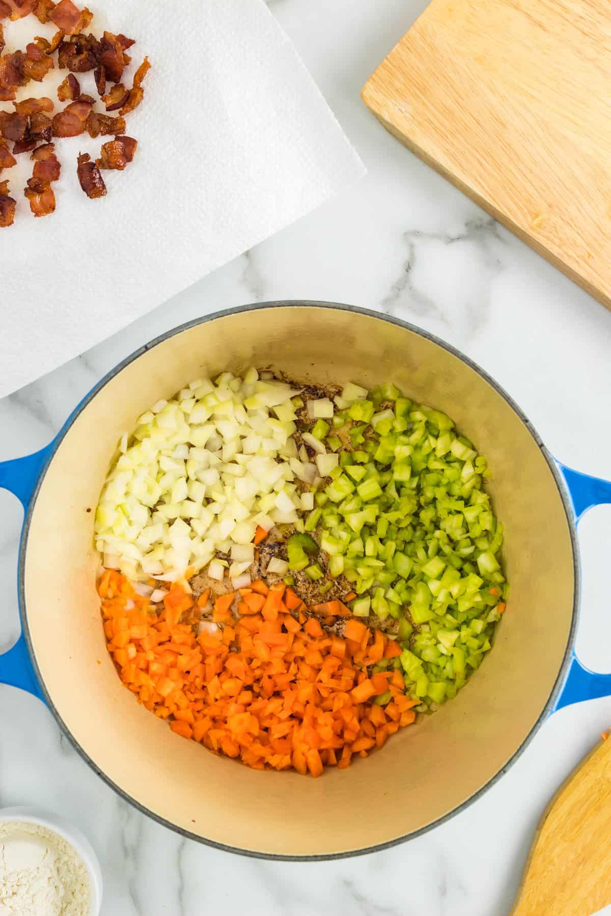 Adding in Vegetables for Corn Chowder Recipe