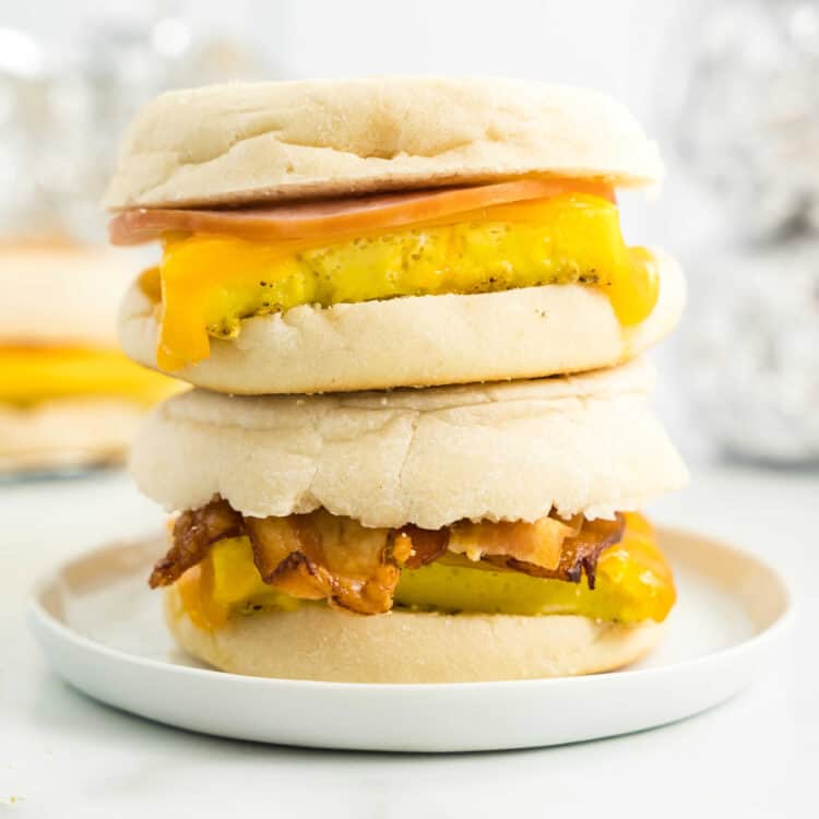 Freezer Breakfast Sandwiches Stacked Atop Each Other on Plate