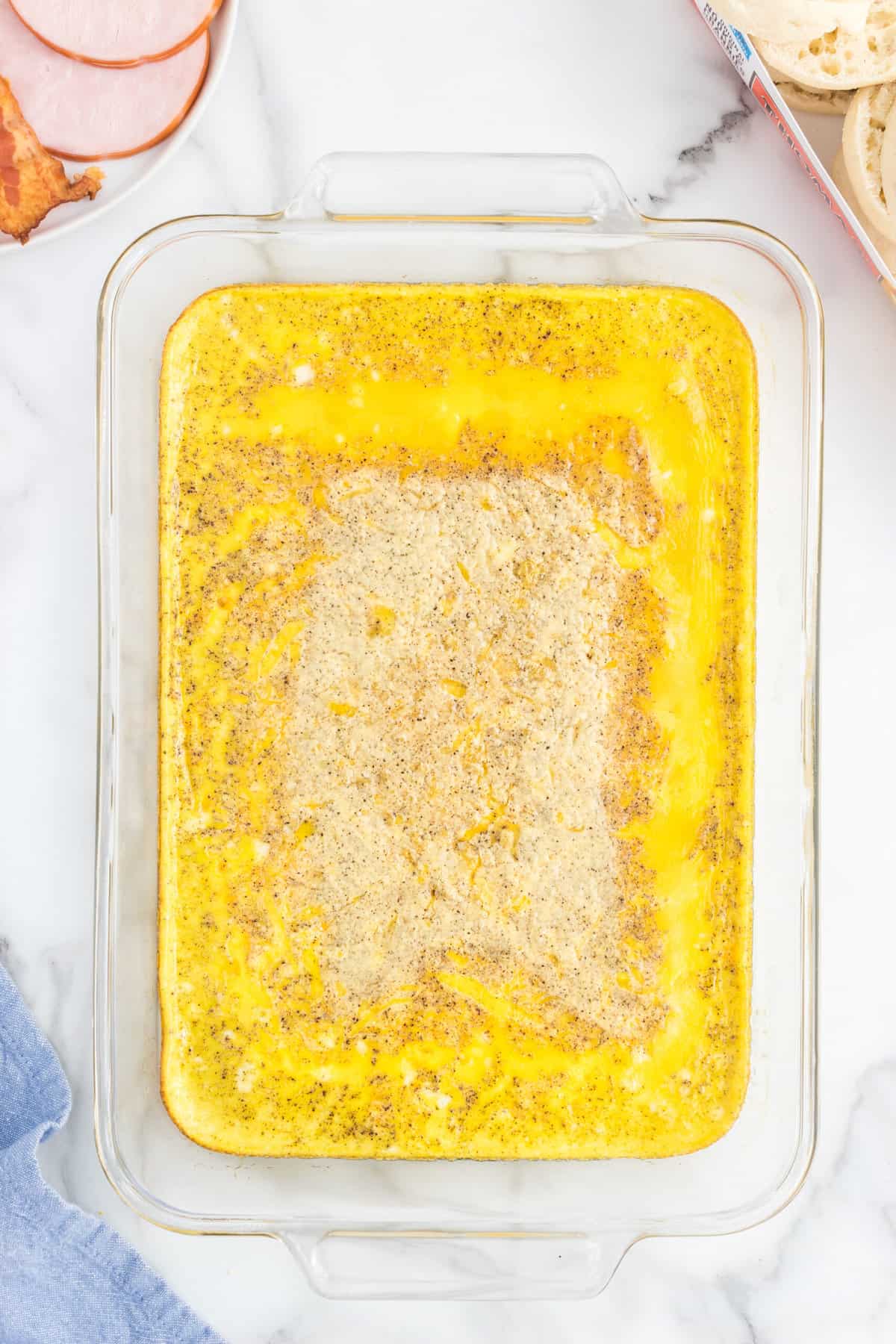 Baked eggs in baking dish for Freezer Breakfast Sandwiches