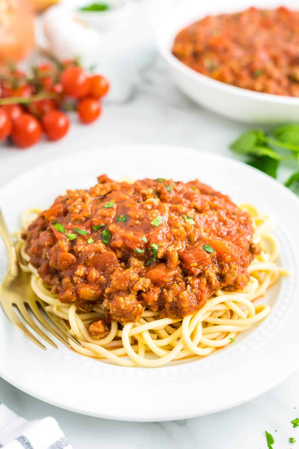 Homemade Spaghetti Sauce atop a bed of spaghetti noodles on plate