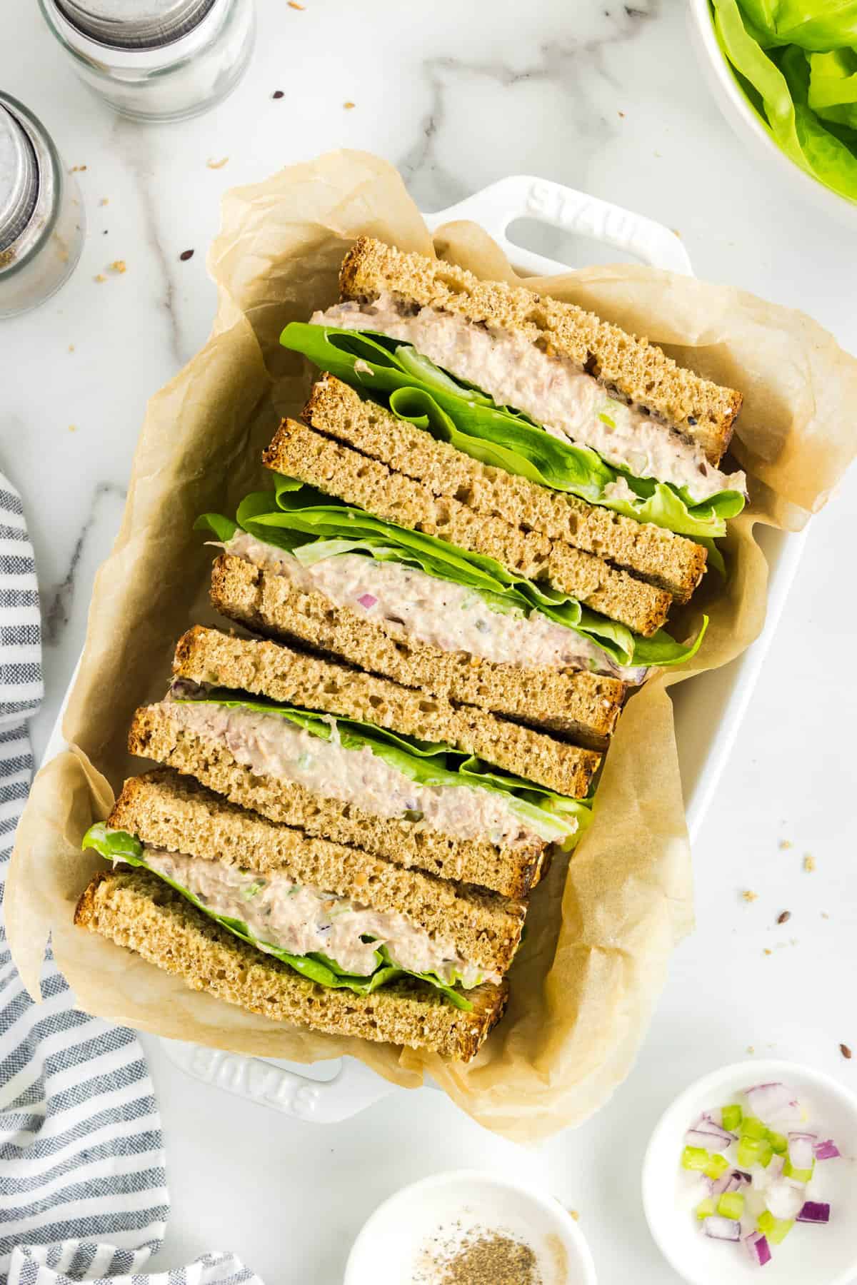 Tuna Salad Sandwiches sliced and stacked