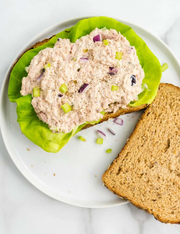 Tuna Salad Sandwich Recipe on sliced bread with lettuce
