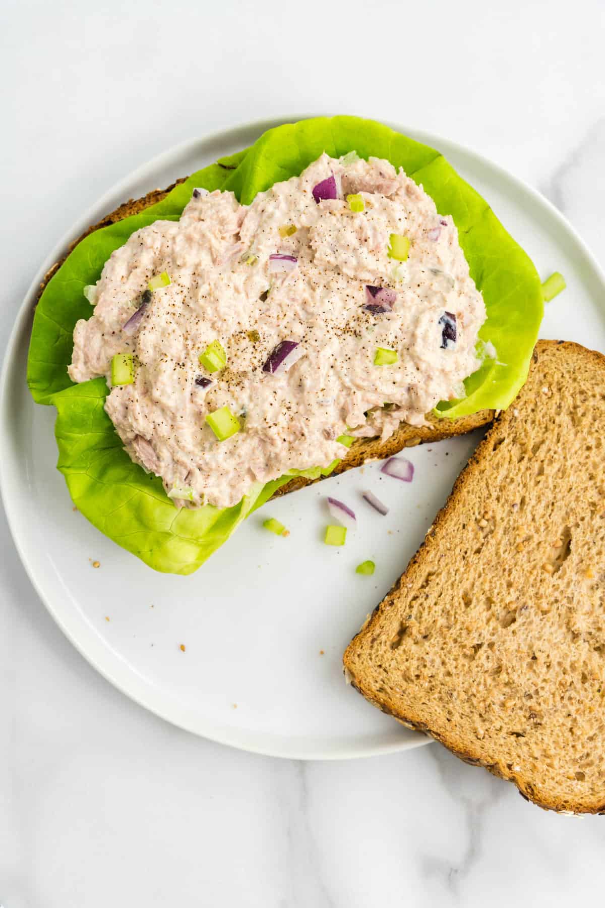 Tuna Salad Sandwich Recipe on sliced bread with lettuce