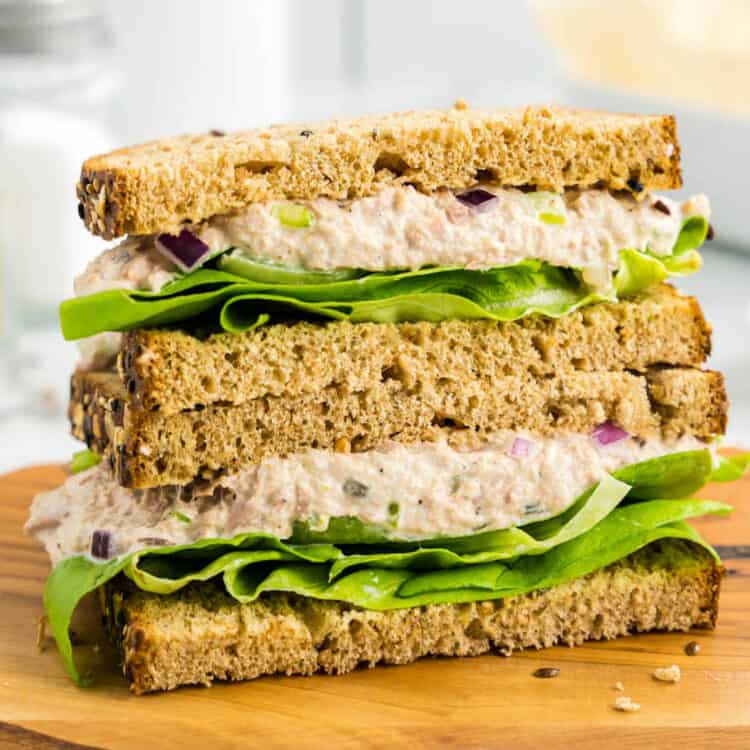 Tuna Salad Sandwich Recipe on Sliced Bread Stacked