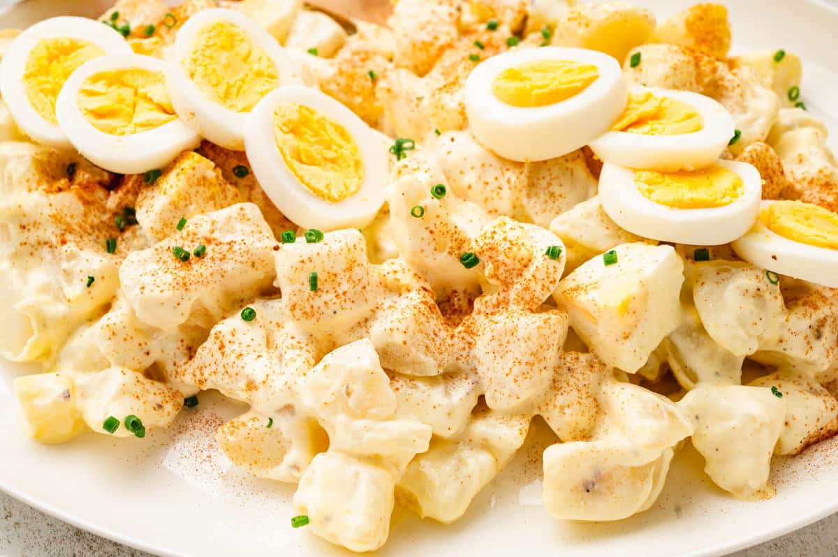 Homemade Potato Salad Loaded with Flavor in Serving Dish