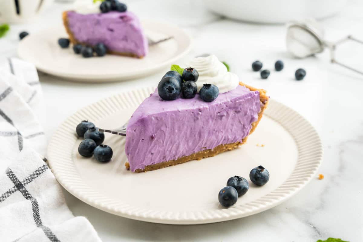No Bake Blueberry Cheesecake slices on plates