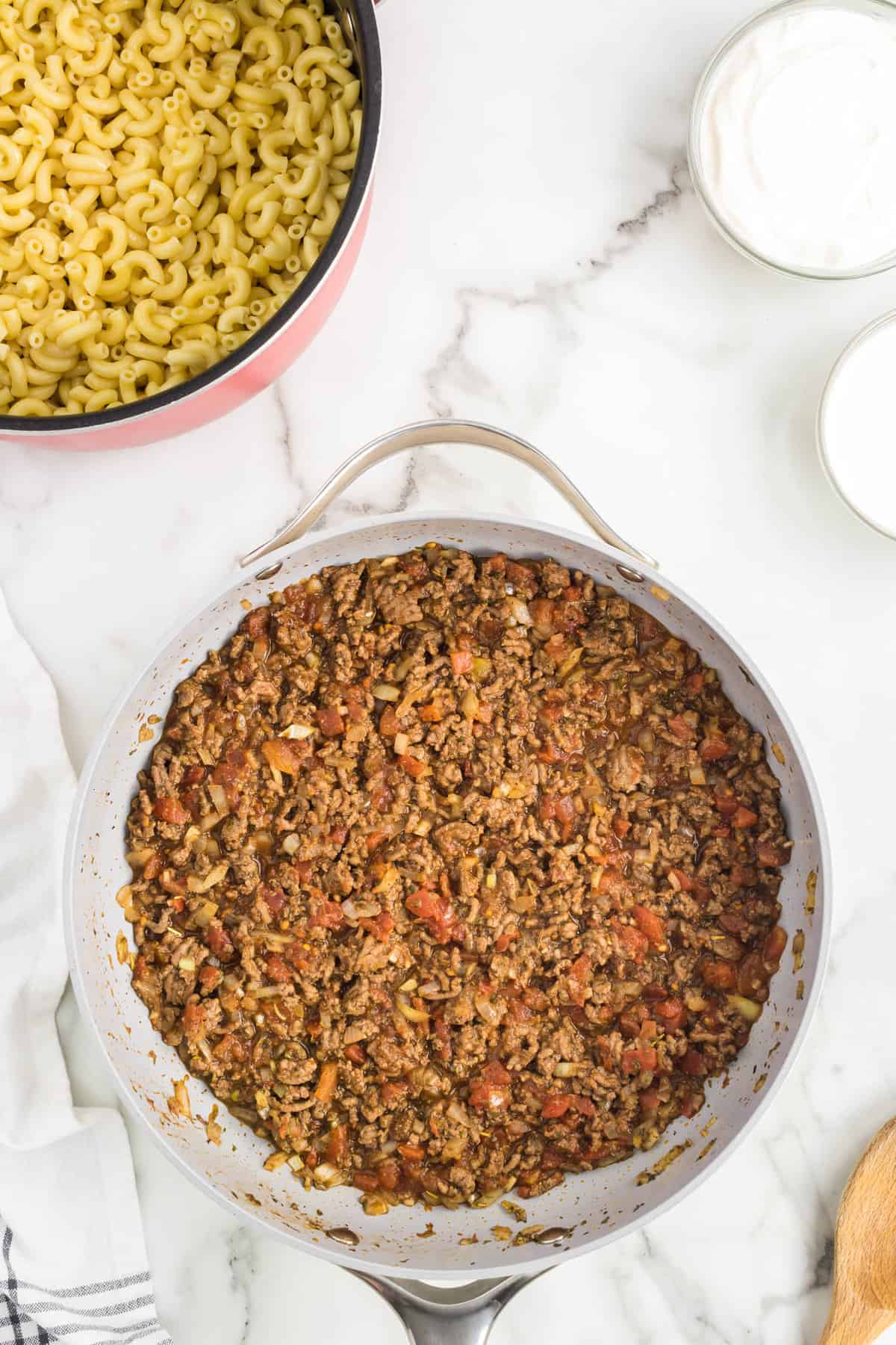 Cheeseburger Casserole in Stovetop Skillet Simmering