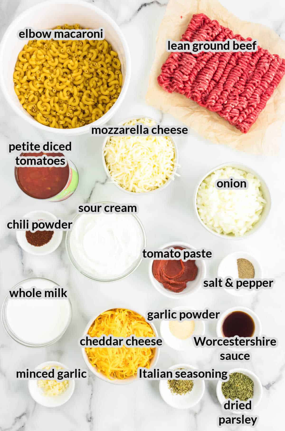 Overhead Image of Cheeseburger Casserole Ingredients