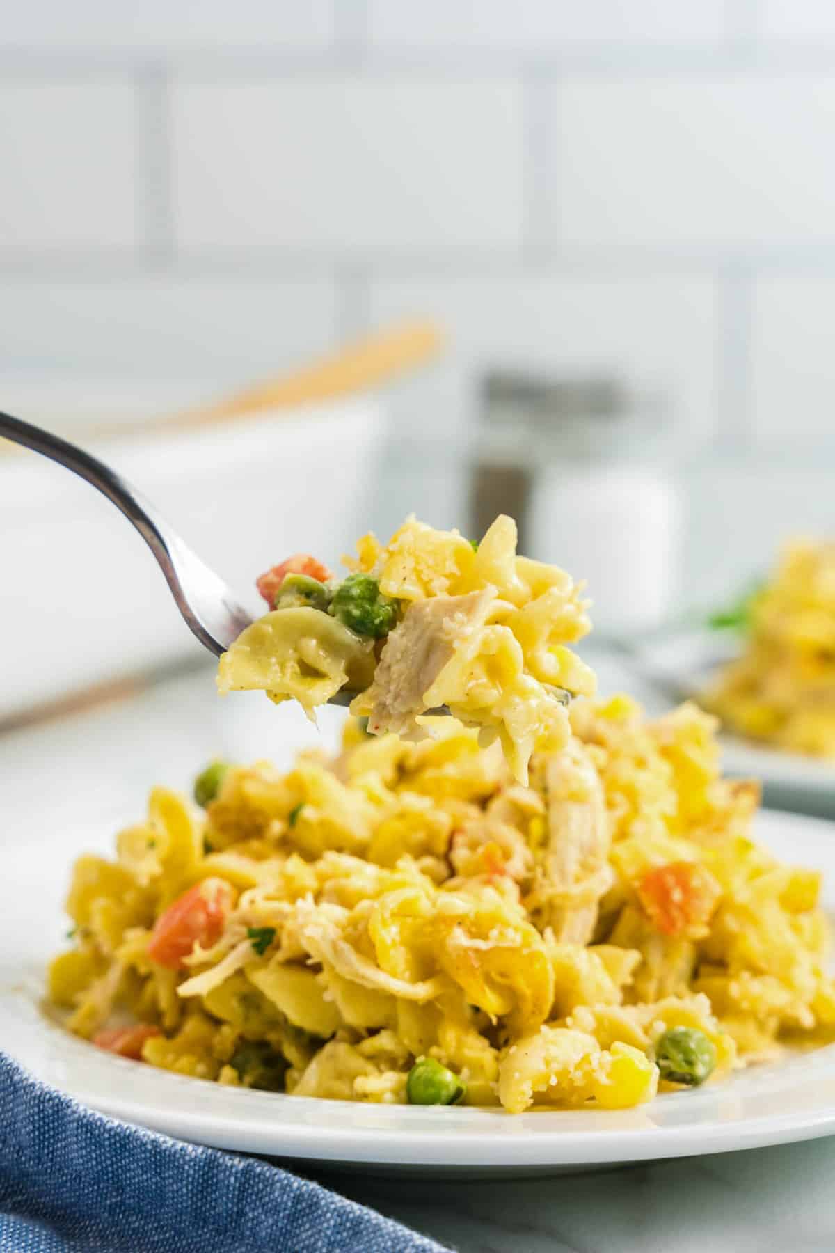 Chicken and Noodle Casserole on Plate with Fork 