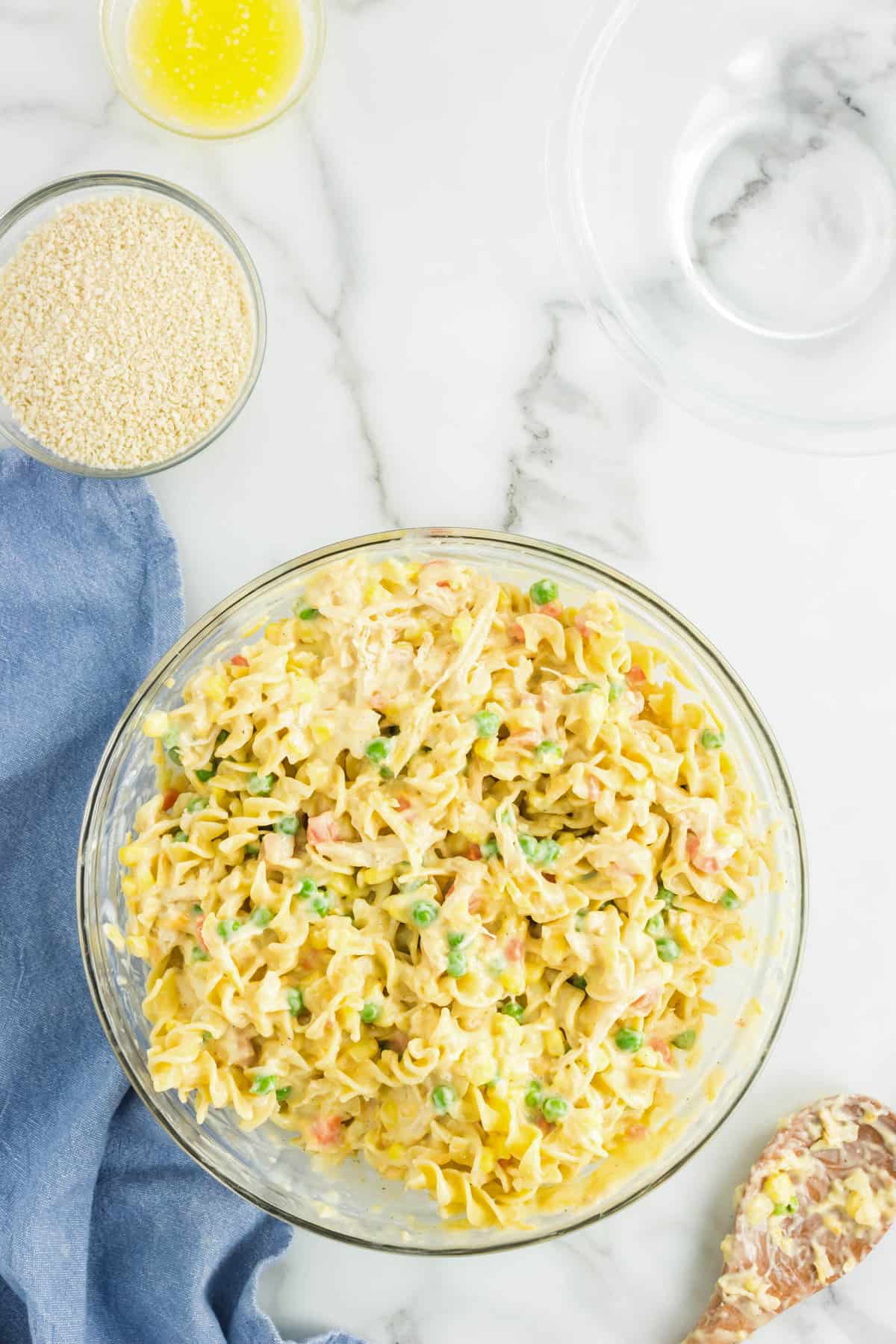 Blended ingredients for Chicken Noodle Casserole in bowl