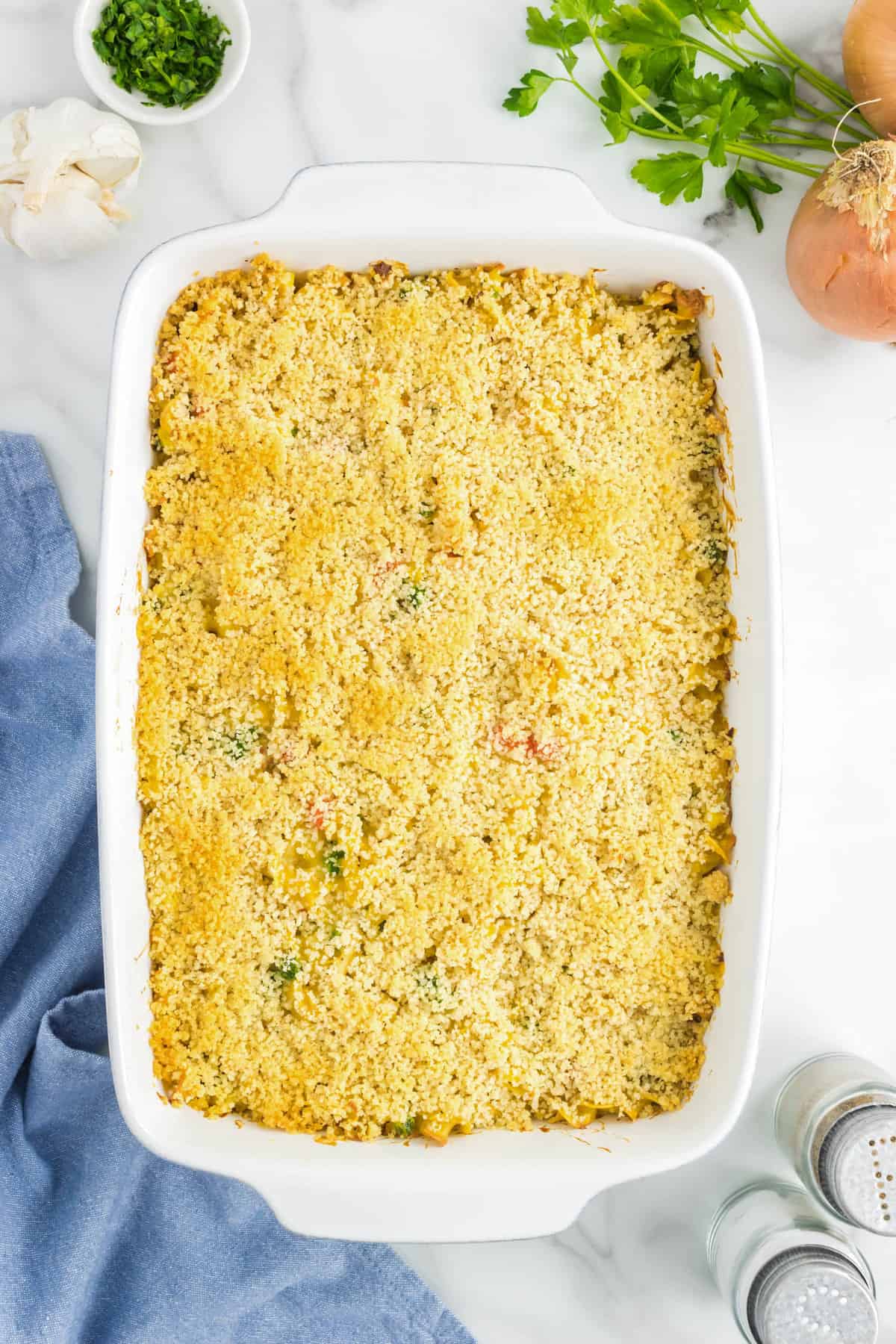 Baked Chicken Noodle Casserole Just out of the Oven in the Baking Dish