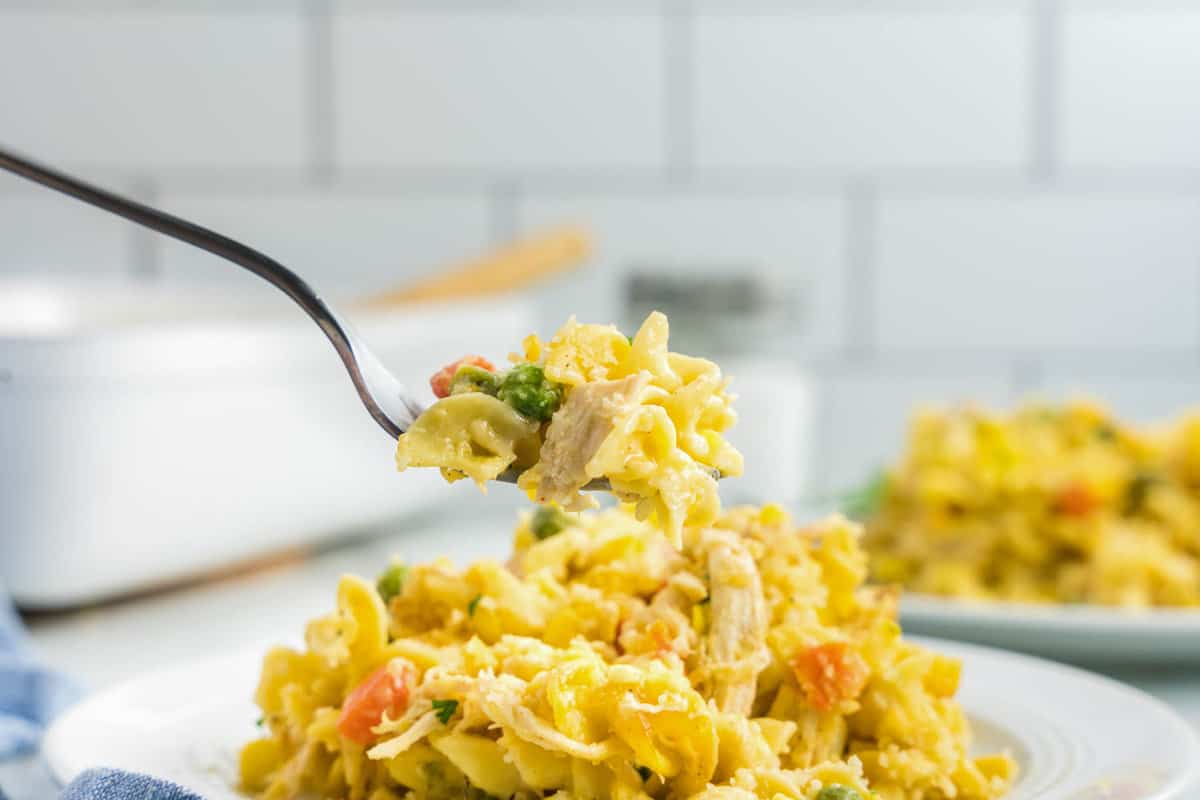 Chicken Noodle Casserole on Plate with a Fork